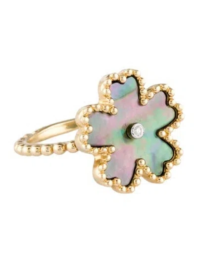 Pre-owned Ring 14k Mother Of Pearl & Diamond Flower Cocktail  In Multi
