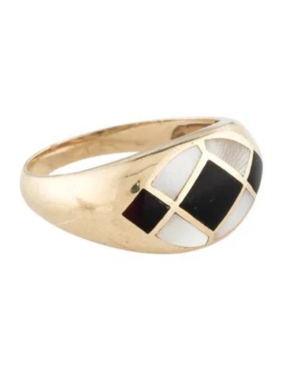Pre-owned Ring 14k Mother Of Pearl & Onyx Harlequin Cocktail  In White
