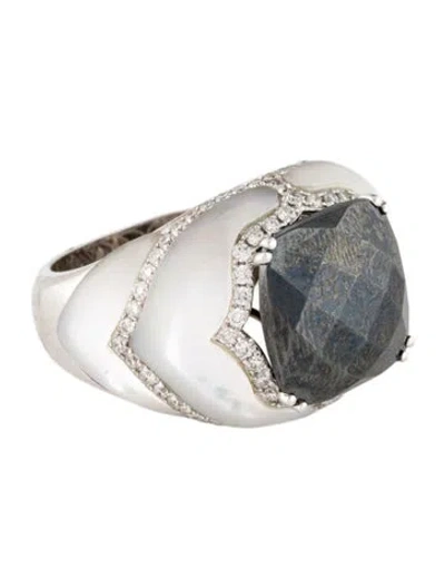 Pre-owned Ring 14k Mother Of Pearl, Hematine & Diamond Cocktail  In White