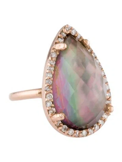 Pre-owned Ring 14k Mother Of Pearl, Quartz & Diamond Cocktail  In Multi