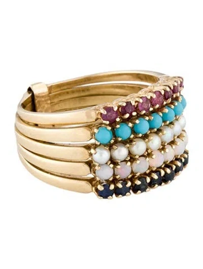 Pre-owned Ring 14k Multistone, Pearl & Glass Cocktail  In Blue