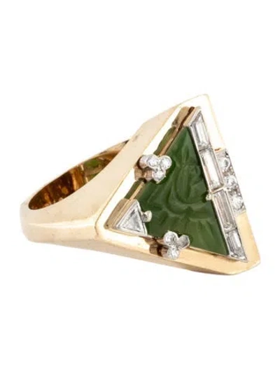 Pre-owned Ring 14k Nephrite & Diamond Band  In Multi
