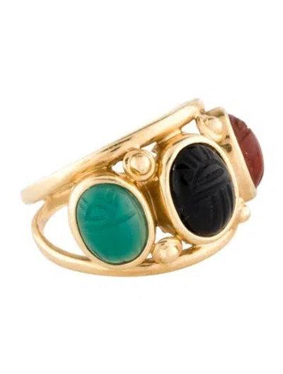 Pre-owned Ring 14k Onyx, Carnelian & Dyed Chalcedony Scarab  In Multi