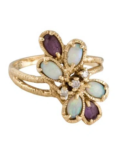 Pre-owned Ring 14k Opal, Amethyst & Diamond Cocktail  In Multi