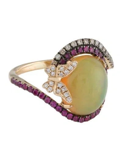 Pre-owned Ring 14k Opal, Ruby & Diamond Butterfly Cocktail  In Multi