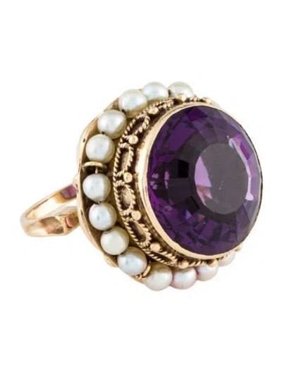 Pre-owned Ring 14k Pearl & 23.47ct Amethyst Cocktail  In Multi