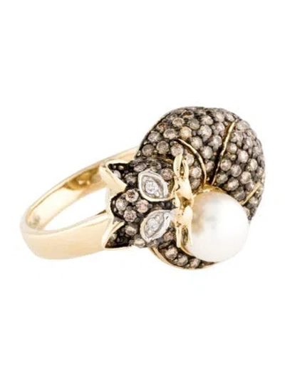 Pre-owned Ring 14k Pearl & Diamond Cat Cocktail  In Multi