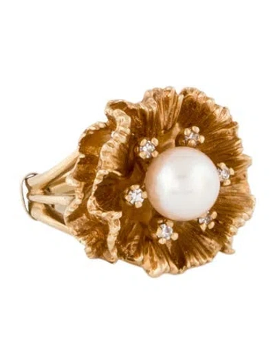 Pre-owned Ring 14k Pearl & Diamond Cocktail  In Multi