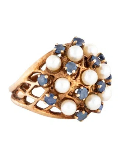 Pre-owned Ring 14k Pearl & Sapphire Cocktail  In Multicolor