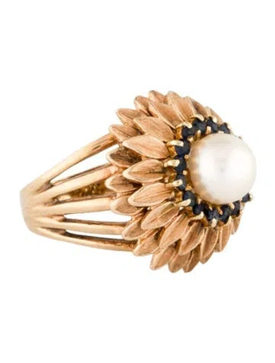 Pre-owned Ring 14k Pearl & Sapphire Flower Cocktail  In Multi