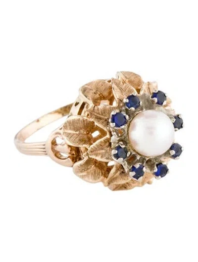 Pre-owned Ring 14k Pearl & Sapphire Flower Cocktail  In Multi