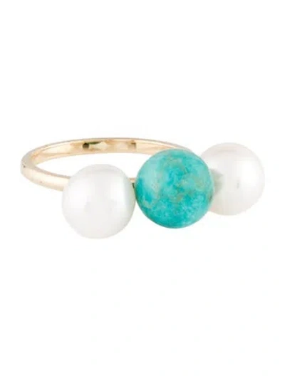 Pre-owned Ring 14k Pearl & Turquoise Trinity Cocktail  In Multi