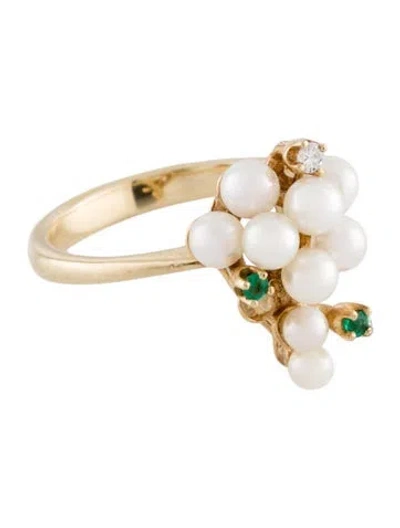 Pre-owned Ring 14k Pearl, Emerald & Diamond Cocktail  In Multi