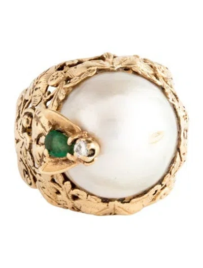 Pre-owned Ring 14k Pearl, Emerald & Diamond Cocktail  In Multicolor
