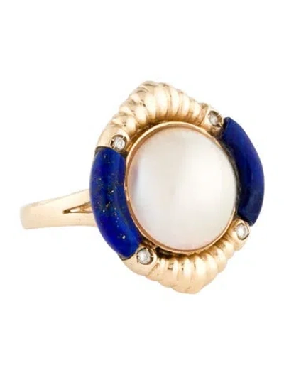 Pre-owned Ring 14k Pearl, Lapis & Diamond Cocktail  In Multi