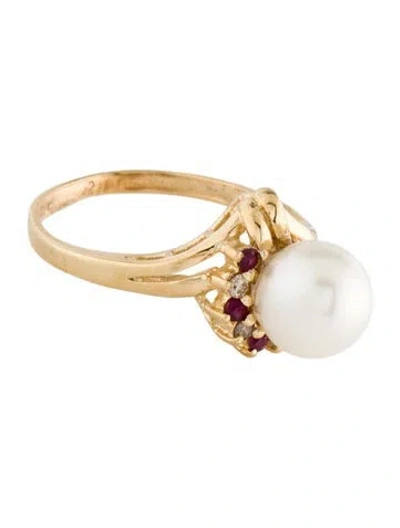 Pre-owned Ring 14k Pearl, Ruby & Diamond Cocktail  In Multi
