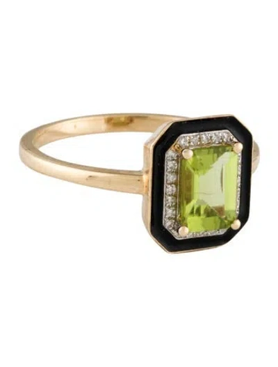 Pre-owned Ring 14k Peridot, Diamond & Enamel Cocktail  In Black