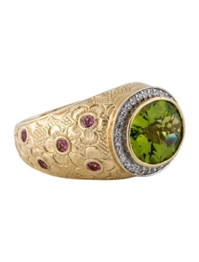 Pre-owned Ring 14k Peridot, Tourmaline, & Diamond Engraved Cocktail  In Multi