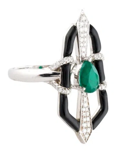 Pre-owned Ring 14k Quartz Doublet, Onyx & Diamond Cocktail  In Multi