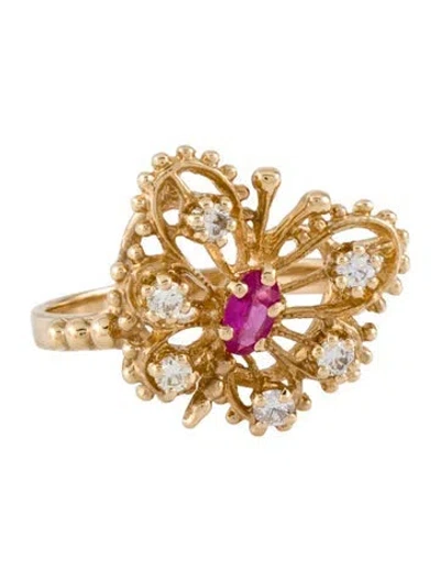 Pre-owned Ring 14k Ruby & Diamond Butterfly Motif Cocktail  In Multi