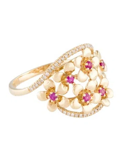 Pre-owned Ring 14k Ruby & Diamond Floral Cocktail  In Multi