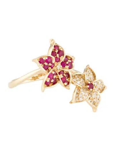 Pre-owned Ring 14k Ruby & Diamond Flower Cocktail  In Multi