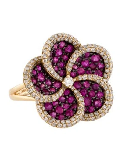 Pre-owned Ring 14k Ruby & Diamond Flower Cocktail  In Multi