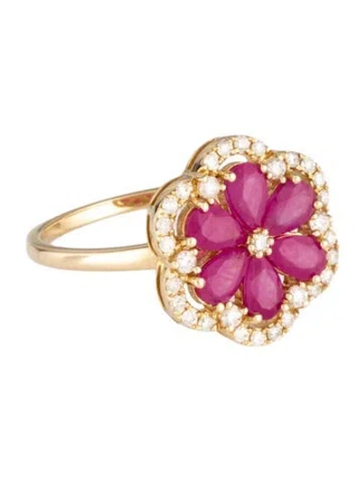 Pre-owned Ring 14k Ruby & Diamond Flower Cocktail  In Multicolor