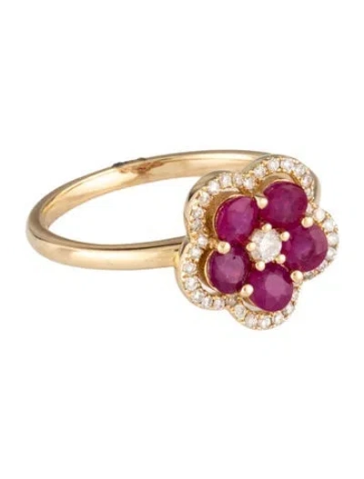 Pre-owned Ring 14k Ruby & Diamond Flower Cocktail  In Multicolor