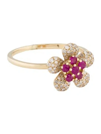 Pre-owned Ring 14k Ruby & Diamond Flower Cocktail  In Pink