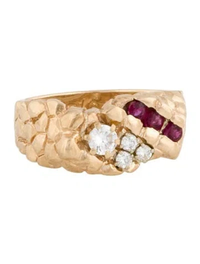 Pre-owned Ring 14k Ruby & Diamond Nugget Signet In Multi