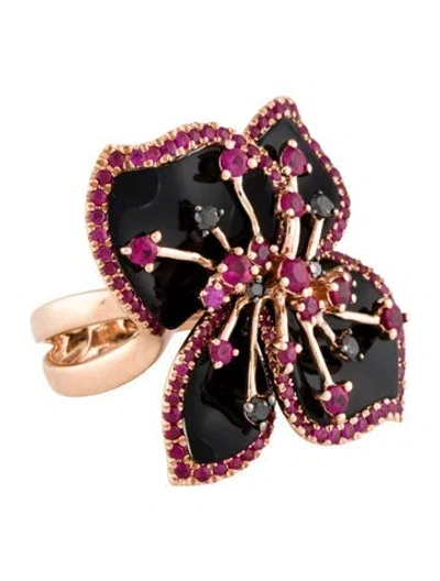Pre-owned Ring 14k Ruby, Onyx & Diamond Flower Cocktail Band In Multi
