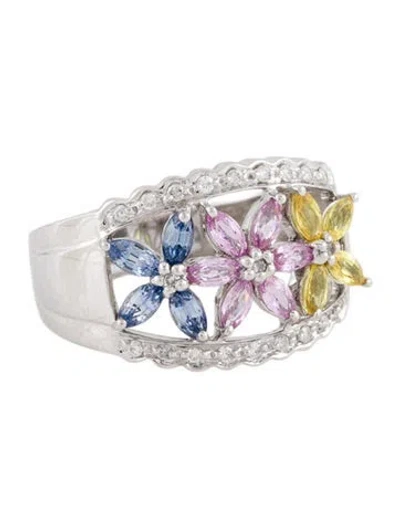 Pre-owned Ring 14k Sapphire & Diamond Flower Band In Multi