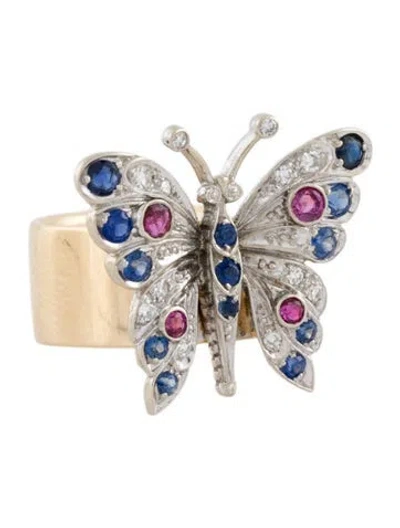 Pre-owned Ring 14k Sapphire, Ruby & Diamond Butterfly Cocktail  In Multi