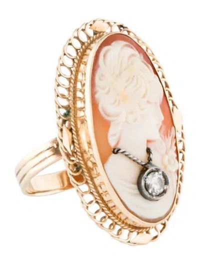 Pre-owned Ring 14k Shell & Diamond Cameo  In Multi