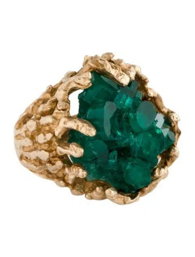 Pre-owned Ring 14k Synthetic Emerald Brutalist Cocktail  In Multicolor