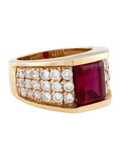 Pre-owned Ring 14k Synthetic Ruby & Cubic Zirconia Signet  In Multi
