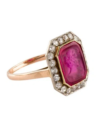 Pre-owned Ring 14k Synthetic Ruby & Diamond Cameo Cocktail  In Multi