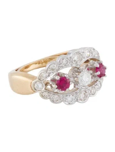 Pre-owned Ring 14k Synthetic Ruby & Diamond Cocktail  In Multi