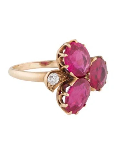 Pre-owned Ring 14k Synthetic Ruby & Diamond Cocktail  In Multi