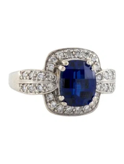 Pre-owned Ring 14k Synthetic Sapphire & Diamond Cocktail  In Multi