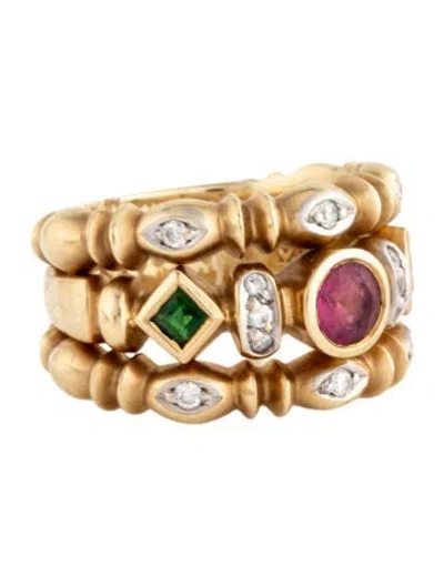 Pre-owned Ring 14k Tourmaline, Tsavorite Garnet & Diamond Multi-row Band In Multicolor