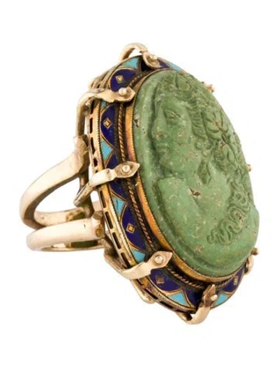 Pre-owned Ring 14k Turquoise & Enamel Cameo Cocktail  In Multi