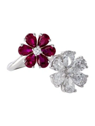 Pre-owned Ring 18k 1.33ctw Synthetic Ruby & 1.43ctw Lab-grown Diamond Flower Cocktail  In Multicolor