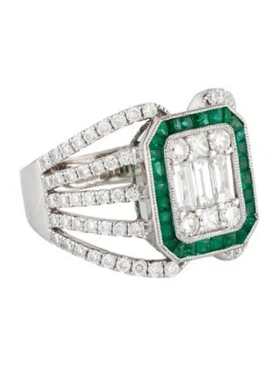 Pre-owned Ring 18k 1.62ctw Diamond & Emerald Cocktail  In Multi