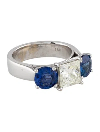Pre-owned Ring 18k 2.00ct Diamond & 2.63ctw Sapphire Three Stone Engagement  In Multicolor