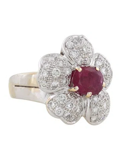 Pre-owned Ring 18k 2.08ct Ruby & 1.37ctw Diamond Flower Cocktail  In Multi