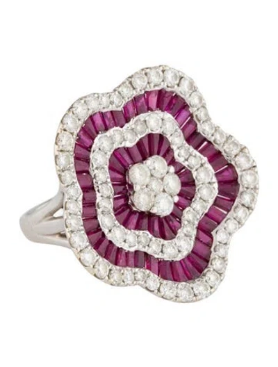 Pre-owned Ring 18k 3.80ctw Ruby & Diamond Flower Cocktail  In Multi