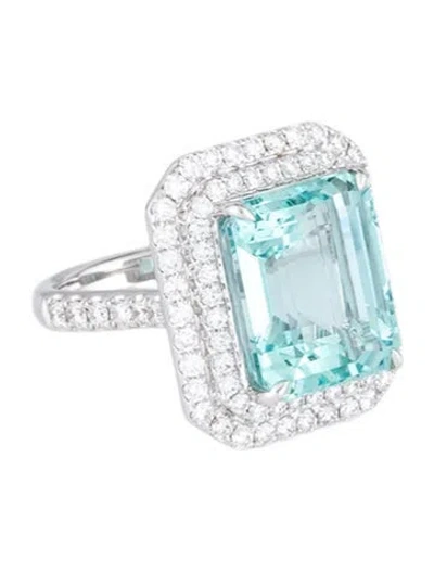 Pre-owned Ring 18k 6.76ct Aquamarine & Diamond Cocktail  In Multicolor