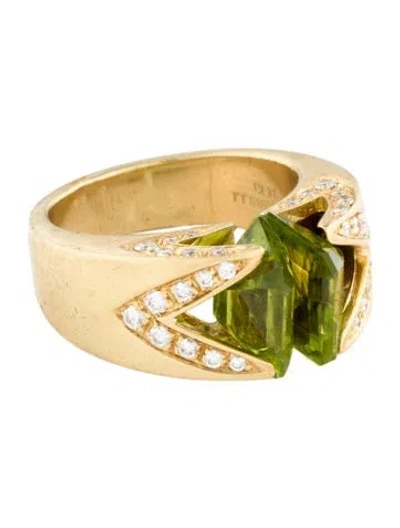 Pre-owned Ring 18k 6.78ctw Peridot & Diamond Cocktail  In Multi